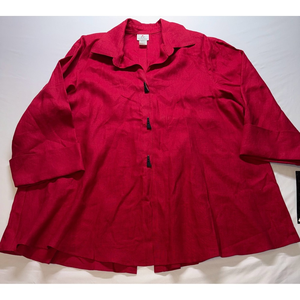 IC Collection Button Down Shirt Women XXL Red 100% Linen Toggle Lagenlook Blouse